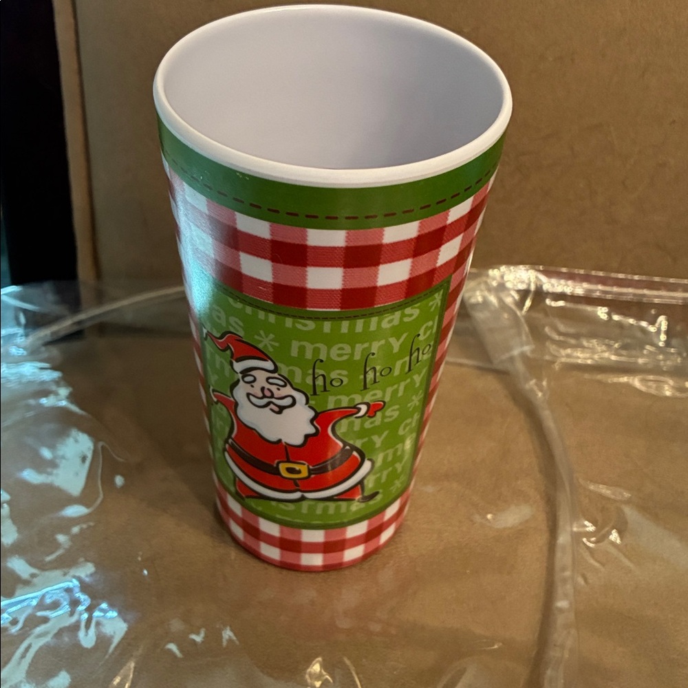 Melamine Ware Festive Santa Tumbler with Red and White Plaid Color